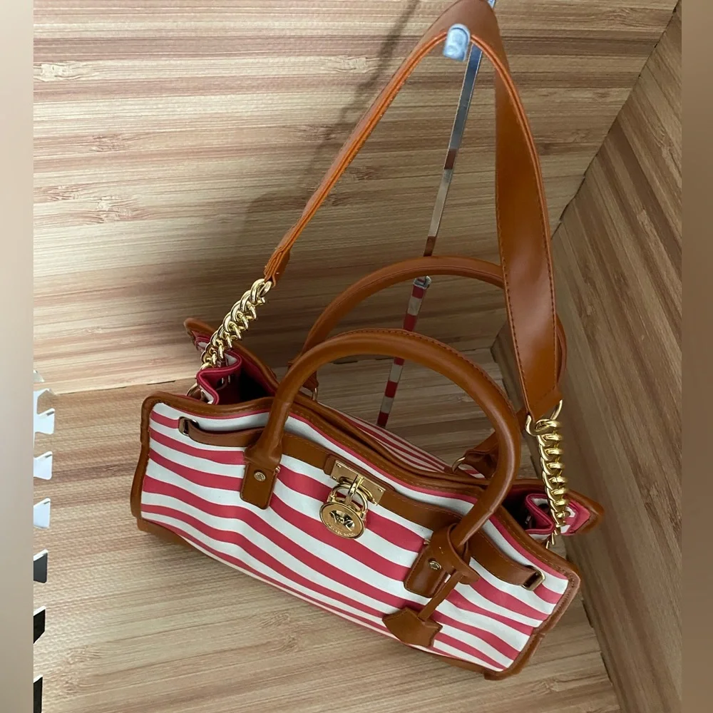 Michael Kors Hamilton Red/White Striped Canvas Leather Large Tote Purs